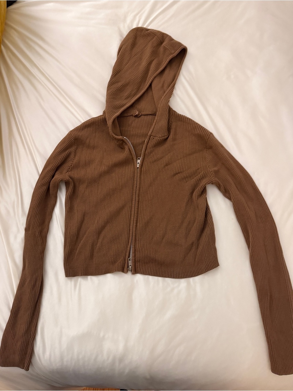 Brandy Melville Brown Ribbed Hooded Zip-Up